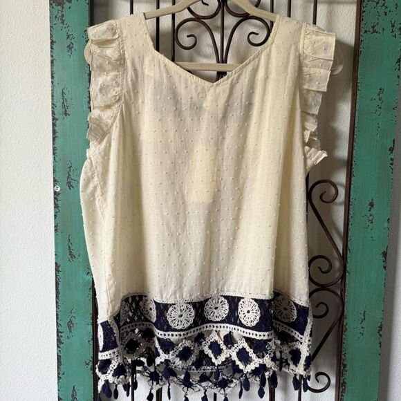 Summer top by Solitaire, gauze and contrasting blue decorative embroidery. - Picture 3 of 8